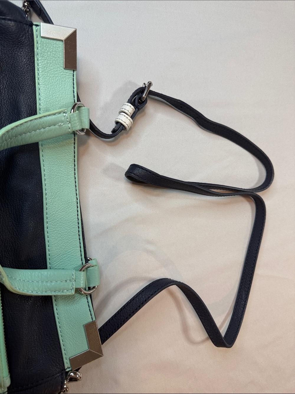 B Makowsky Mint and Navy Leather Top-Handle Satchel - Picture 6 of 8